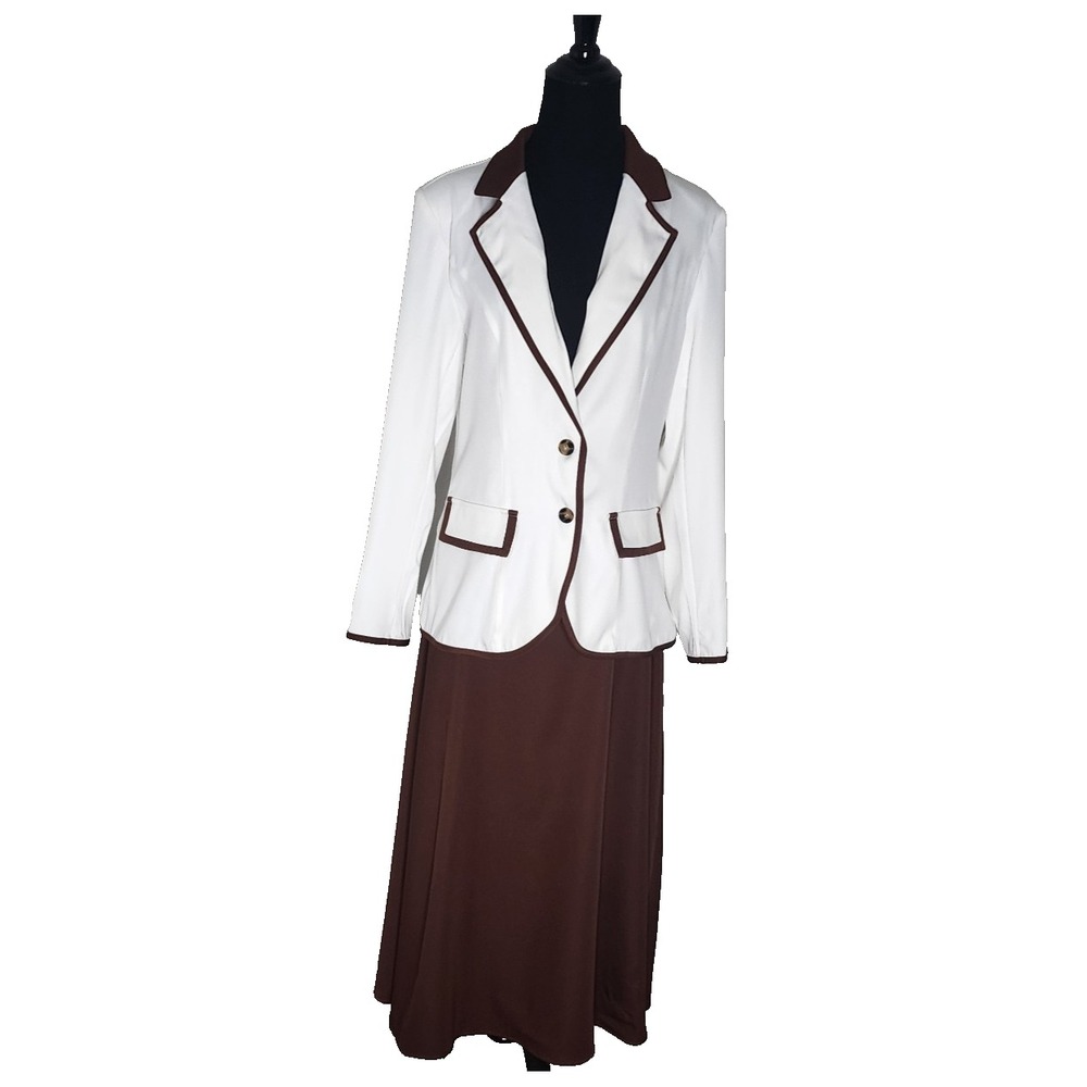 Womens 2 Piece Skirt Suit Set White Blazer Brown Trim Piping + Long Maxi Skirt M